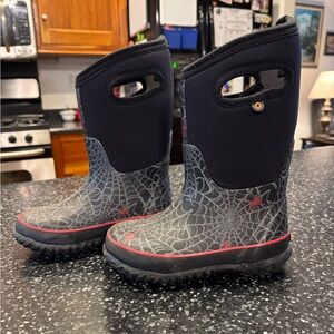 BOGS, kids size 12, Black spiderwebs rain boots